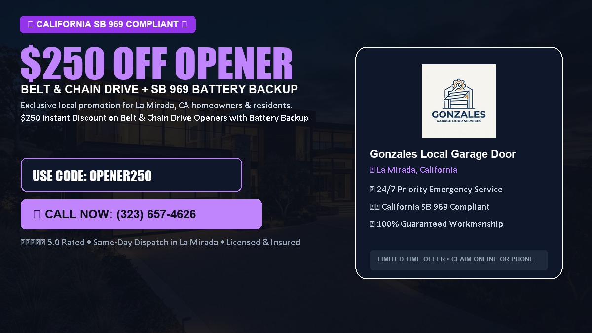 $250 OFF Smart Garage Door Opener Installation (Belt & Chain Drive with California SB 969 Battery Backup) in La Mirada, CA